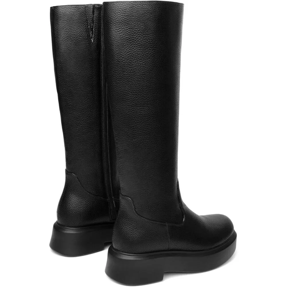 Women's Black Knee Leather Platform Chelsea Boots Front Zip Chunky Combat Bootie